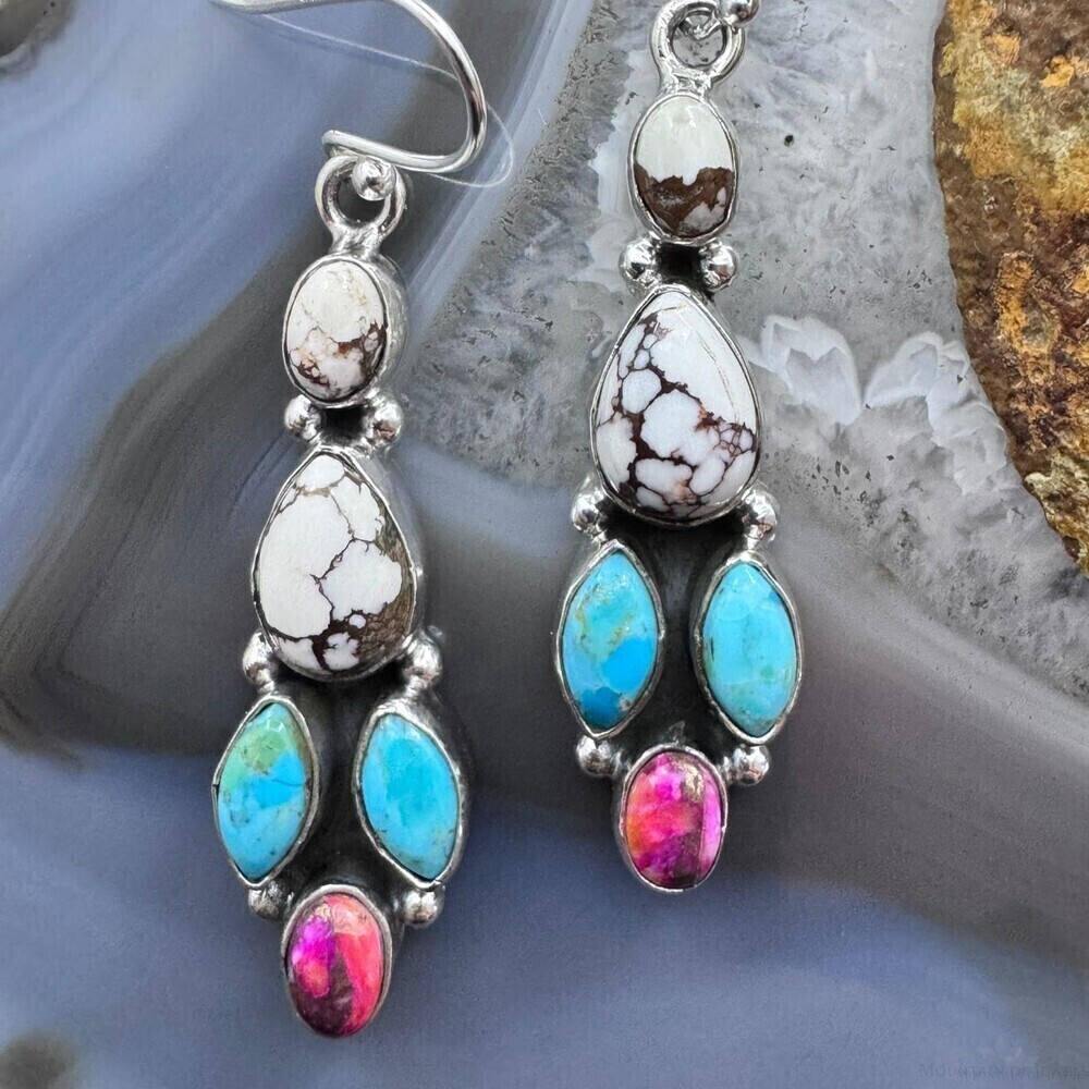 Sterling Southwestern Style Multistone Cluster Dangle Earrings For Women #3